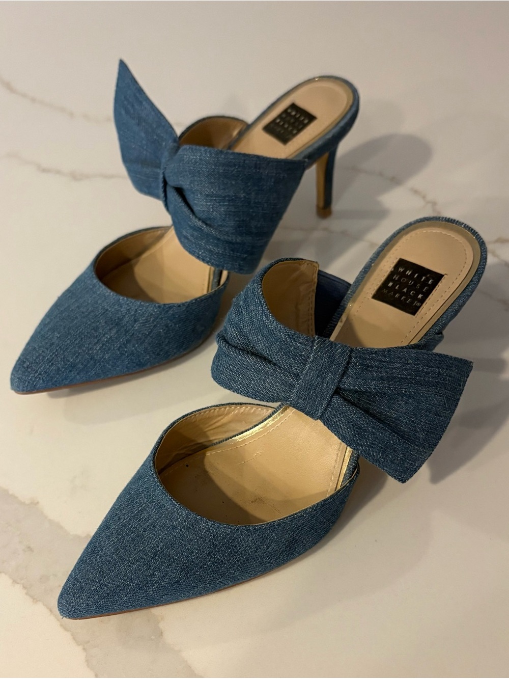 White House Black Market Denim Bow Pointed Mule Heels